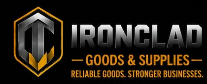 Ironclad Goods and Supplies logo: a shield mark beside the wordmark and the tagline Reliable Goods, Stronger Businesses